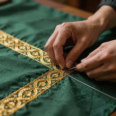 Close-up of a tailor hand-stitching intricate gold embroidery onto deep green heritage fabric, warm ambient light.