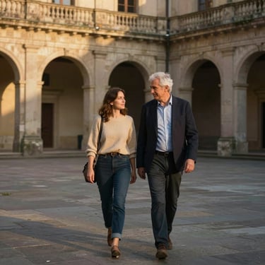 A medium-wide environmental portrait of a couple walking through a historic stone courtyard at golden hour, candid and respectful.