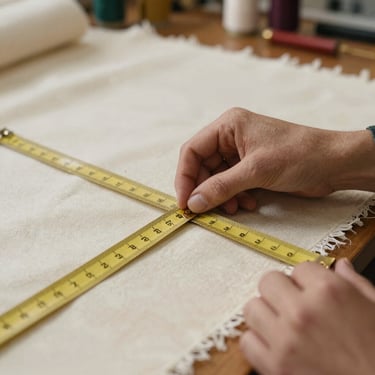 Close-up of a tailor's hands measuring heavy textured cream fabric with a brass tape measure, warm workshop ambiance.