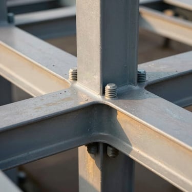 A close-up of heavy structural steel joints and bolts, high-contrast daylight, clean architectural lines, gold light reflections