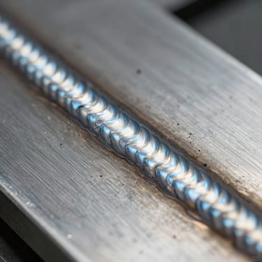 Macro shot of a flawless, uniform TIG weld bead on stainless steel plate, silver metallic luster, cool blue highlights.