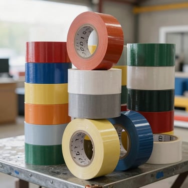 Rolls of professional-grade vinyl insulation tape in multiple colors stacked neatly on a metal workspace, bright daylight, 35mm lens