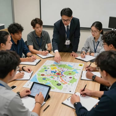 Corporate training room, mixed group of trainees in practical simulation, instructor guiding scenario, notepads and tablet visible. Hands-on practice moment captured mid-action. Overhead view showing briefing layout with tactical map. Real training environment, concentrated focus.