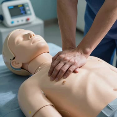 Close-up of hands performing CPR chest compressions on training mannequin, defibrillator pads visible, clinical overhead lighting creating sharp shadows. Medical botiquín in soft focus background. Real training scenario, no actors.