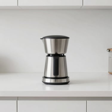 Minimalist product photography of a sleek stainless steel electric coffee maker on a clean white kitchen counter, daylight, sharp focus, 35mm