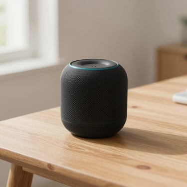 Bright clean product photography of a modern black smart speaker on a minimalist wooden table, soft natural daylight, 35mm