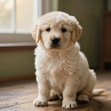 Close-up portrait of a fluffy cream puppy sitting on a rustic wooden floor, soft morning light filtering through a window, shallow depth of field