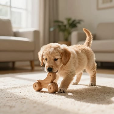 A small golden puppy playing gently with a wooden toy in a warm, clean living room, soft focus, natural home environment