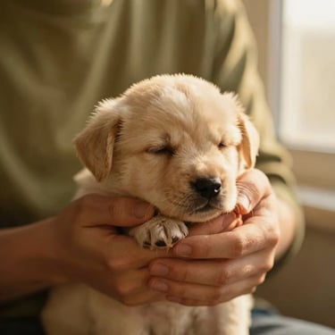 Close-up of human hands gently cradling a tiny sleeping puppy, warm golden-hour light, emotional and tender atmosphere