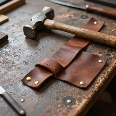A leatherworker's workbench with brass rivets, a steel hammer, and thick hand-cut brown leather straps in soft natural light.