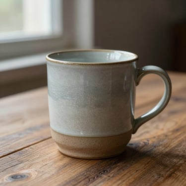 A clean ceramic mug with a raw clay base resting on a rustic wooden table, soft window light highlighting the textured glaze.