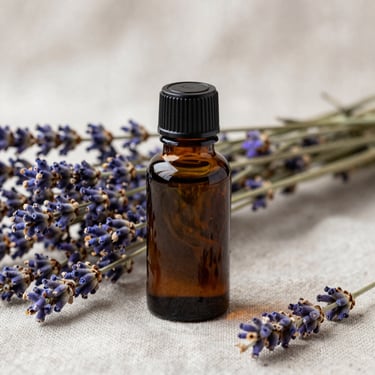 A dark amber bottle of botanical oil resting among dried lavender stalks on a rough linen surface, diffused daylight.