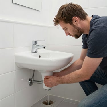 Professional plumber installing a white ceramic bathroom pedestal sink and connecting plumbing pipes.