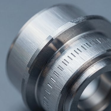 Macro close-up of a precision-machined aluminum flange with visible tolerance markings, hard overhead studio strobe casting sharp shadow across the chamfered edge, cool color temperature, metallic surface finish dominating the frame, no human hands