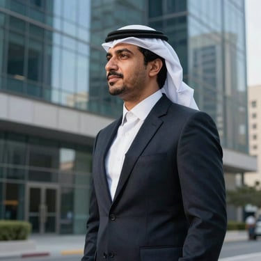 A profile photo of a successful entrepreneur in the Middle East / Gulf, standing against a background of a modern architectural building with glass reflections. He is dressed in professional business attire, conveying reliability.
