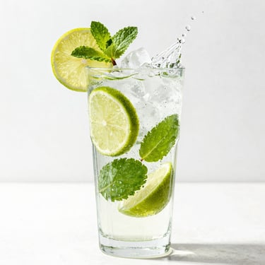 Cold mojito with fresh lime slices, mint leaves, crushed ice, sparkling water splashing, high-key natural light, clean white background