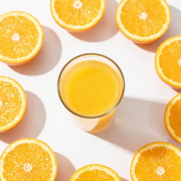 Overhead flat lay of fresh orange juice in a glass surrounded by sliced oranges, bright sunlight, dew drops, clean white background