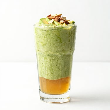 A tall glass of layered avocado and honey smoothie, sliced almonds on top, condensation on glass, bright lighting, clean white background