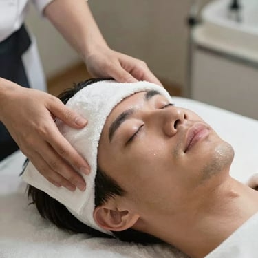 A gentleman receiving a facial treatment with a white steamed towel, embodying the concept of purity.