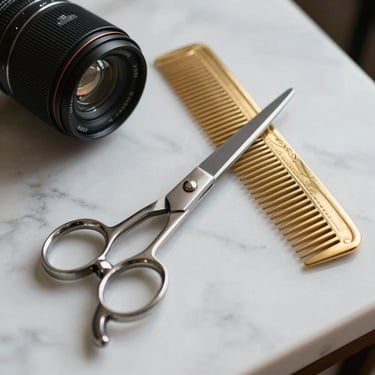 Artisanal barbering tools including scissors and a gold-accented comb resting on a white marble surface.