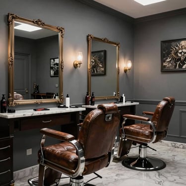 Interior view of the elegant Obatalá barber shop in Guayaquil, featuring leather chairs and sophisticated charcoal decor.