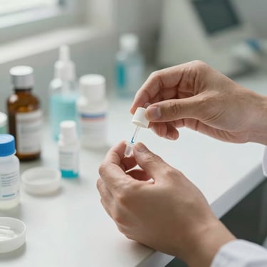 Close-up of hands organizing clinical supplies in a brightly lit local health clinic, natural ambient daylight, focused and clean composition.