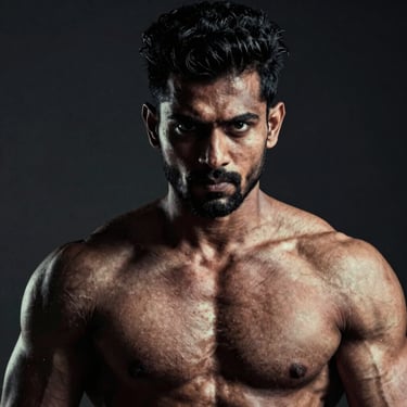 Headshot of an intense Indian male bodybuilder, focused gaze, muscular physique, dramatic rim lighting