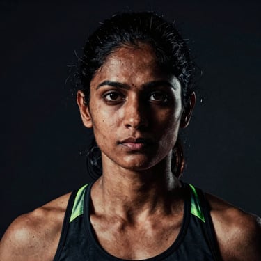 Headshot of a strong Indian female athlete, confident expression, high-contrast lighting, deep shadows