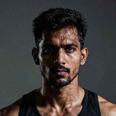 Headshot of a determined Indian male gym member, sweat on brow, focused expression, high-contrast lighting