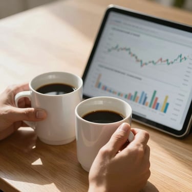 Close-up of hands holding coffee mugs next to a tablet screen showing financial comparison charts, warm sunny undertones, professional yet casual setting.