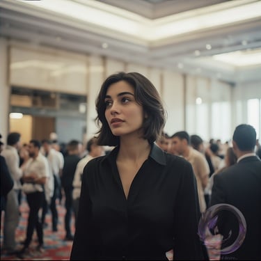 Portrait of fictional character AYLEEN by author Ophelio, she is alone at a work event