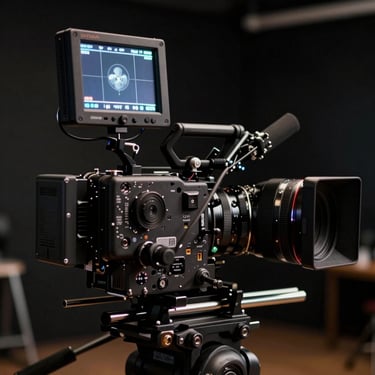 Low-key dramatic close-up of a high-end cinema camera rig with a field monitor glowing in a dark studio environment, shallow depth of field.