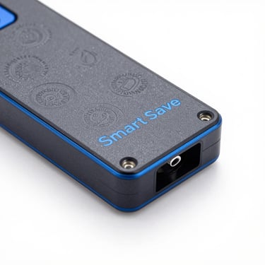 Close-up of the Smart Save physical device showing the official safety certification stamps and high-quality hardware build, clean studio lighting, 50mm.