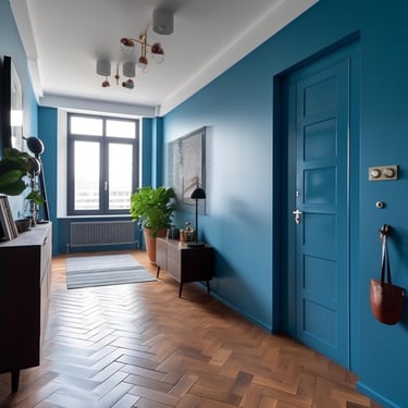 Modern hallway with freshly painted in blue walls