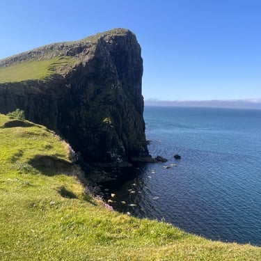 Grass covered rocky outcrop surrounded by water
