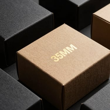 Premium rigid cardboard packaging boxes with gold foil stamping, architectural clean lines, high-contrast studio setting, editorial corporate photography, 35mm