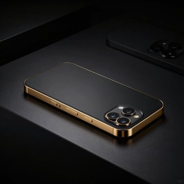 Minimalist high-end consumer electronics casing on a sleek black surface, precise gold accents, dramatic low-key studio lighting, editorial corporate photography, 35mm