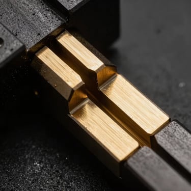 Macro shot of CNC machined steel components, sharp precision edges, metallic gold reflections, dark background, editorial corporate photography, high-contrast black and gold tones, 35mm