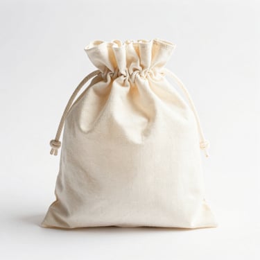 Bright high-key product photography of a small cotton gift bag with elegant drawstring closure, clean white background, soft natural daylight, 50mm