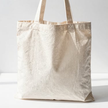 Bright high-key product photography of a classic cotton tote bag standing upright on a white surface, soft natural daylight, rich fabric textures, 50mm