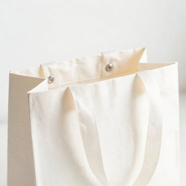 Bright high-key product photo of a small gift bag with ribbon handles, soft natural daylight, 50mm