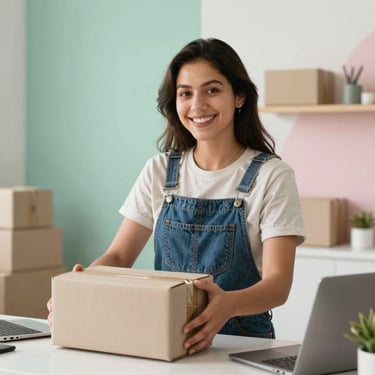 A young Mexican entrepreneur smiling while packaging orders in a clean, modern home office decorated with mint green and soft pink accents.