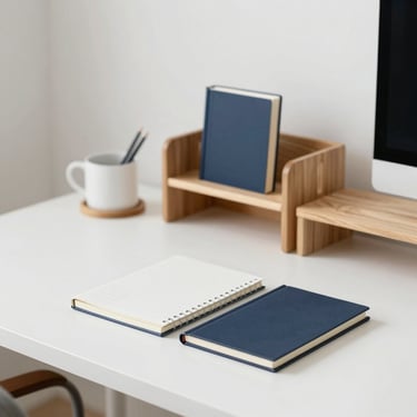 A modern home office desk with minimalist wooden organizers, a sleek notebook, and clean stationery.