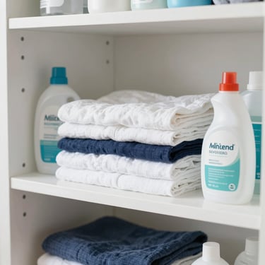 A tidy laundry room shelf with neatly folded linen sheets and eco-friendly cleaning supplies, bright morning light.