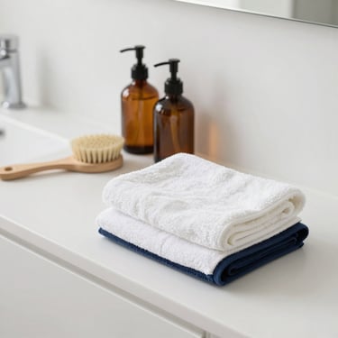 A minimalist bathroom counter with organic cotton towels, amber glass soap dispensers, and natural brushes.