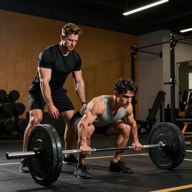 A personal trainer guiding a member through a heavy deadlift, ensuring proper form, high-contrast athletic lighting