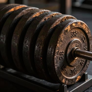 Close-up of heavy iron weight plates stacked on a rack, dark metallic texture under directional warm spotlight, sharp focus