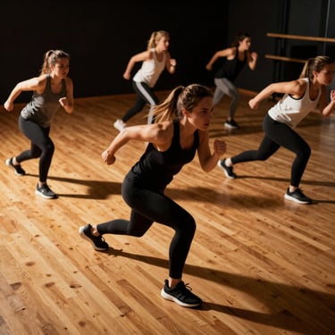 Energetic group fitness session on a wooden aerobics floor, active motion blur, warm ambient glow, dynamic framing