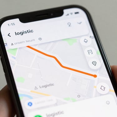 Close-up of a digital mobile interface showing a clean logistics map with route tracking, sharp orange accent lines, clean UI, bright daylight environment.