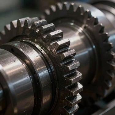 Macro close-up of precision industrial machinery gears, low-key dramatic side-lighting with deep shadows, metallic texture.